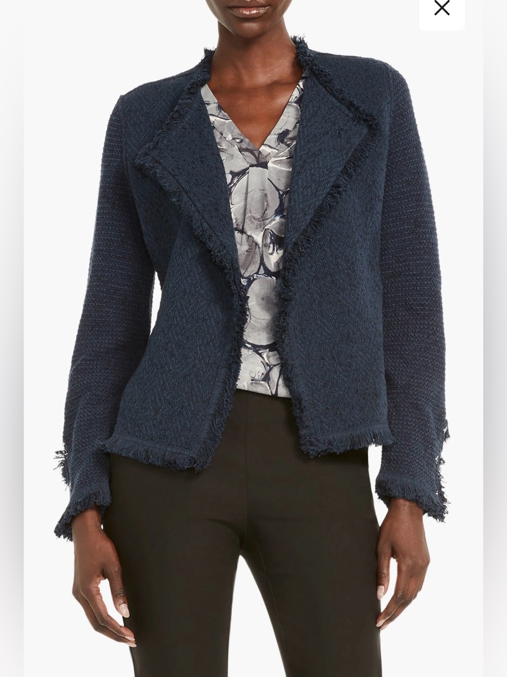 NIC+ZOE Frayed-Trim Open Front Jacket - Navy